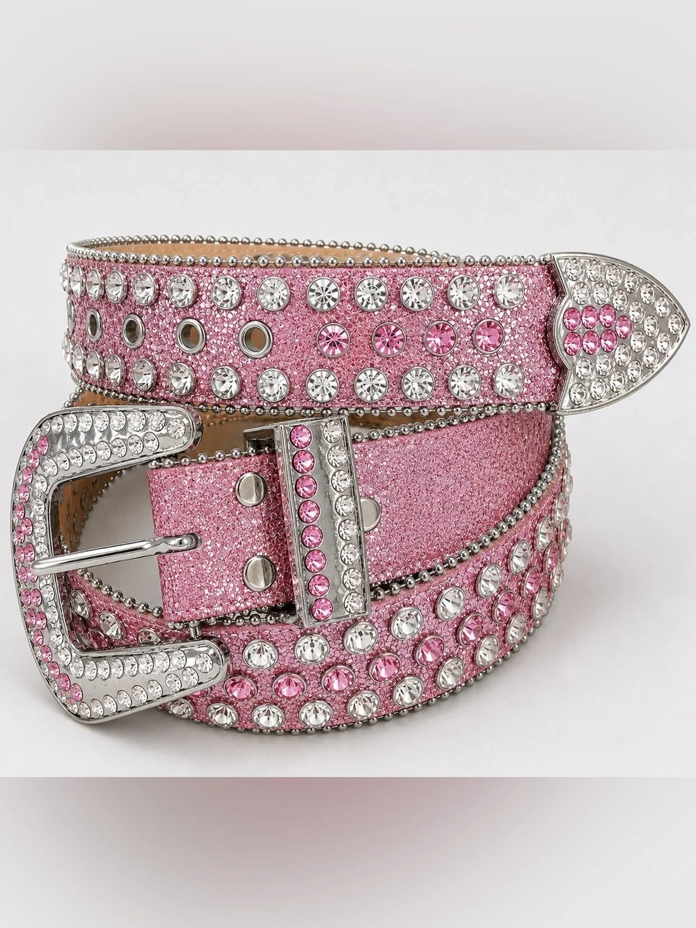 Quality rhinestone, glitter leather, silvertone grommet western belt- 37-43